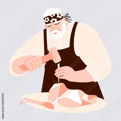 Male sculptor carving a piece of stone using chisel and hammer. Portrait of a man working on a sculpture. Vector flat illustration with stonecutter