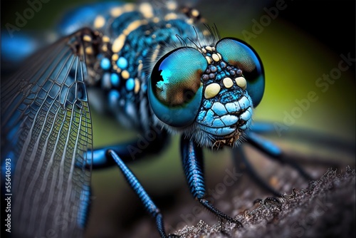  a close up of a blue dragonfly on a rock with wings spread out and eyes closed. Generative AI