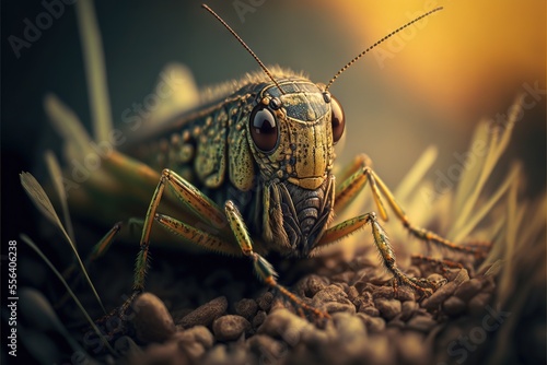  a close up of a grasshopper on a rock surface with a blurry background of grass and rocks. Generative AI