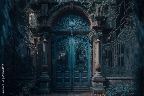  a blue door with a clock on it in a dark forest area with a stone walkway and a stone fence. Generative AI