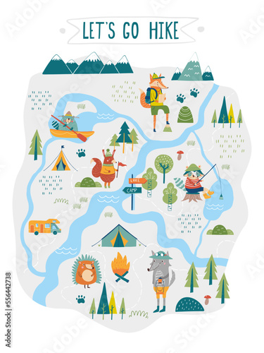 vector map with animals trees mountains hiking elements for children