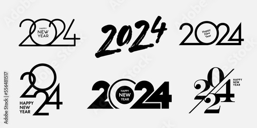 Big Set of 2024 Happy New Year logo text design. 2024 number design template. Collection of 2024 Happy New Year symbols. Vector illustration with black labels isolated on white background.