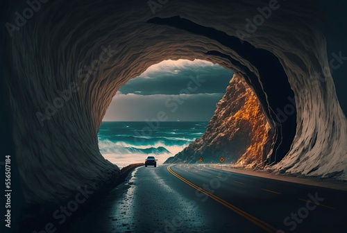 tunnel road overlooking the sea, 3d illustration