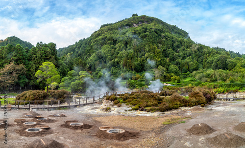 Panorama of the Furnas Caldera (Caldeira das Furnas) at the lake Lagoa das Furnas, Sao Miguel, Azore islands