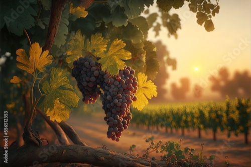 a painting of a bunch of grapes hanging from a tree branch in a vineyard at sunset or dawn with the sun setting. Generative AI