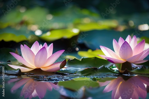  two pink lotuses are floating on a pond with lily pads and water lillies in the background. Generative AI