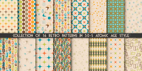 Collection of 16 fifties modern atomic retro seamless vector patterns. Big vintage trendy set. 50s textures