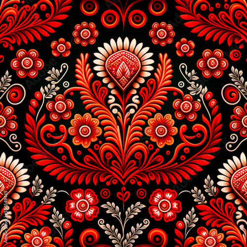 East europe traditional pattern background. Slavic red and black background. Ukrainian floral national pattern. Generative AI slavic abstract seamless bacgkround.