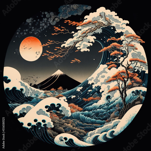 The great wave off kanagawa painting reproduction. Japanese style. Ukiyo-e style painting of the null void changing. Generative AI