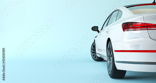 Generic brandless sport car taillights detail. 3d illustration with grunge overlay. E-mobility, electric white car charging battery on pastel blue background. Sports car coupe. Flat lay, copy space