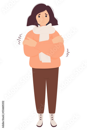 Cute sad girl freezing wearing, fall ill and shivering. Cartoon flat vector illustration.