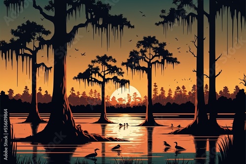 A vector illustration of a Louisiana swamp