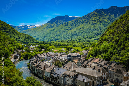 View on the small town of Saint Beat Lez and the Garonne river in the South of France