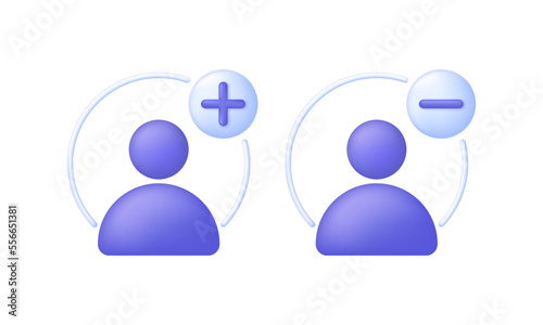 3d User icon and plus, minus marks isolated on white background. Avatar, human, person, people icon.