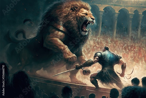 Supernatural epic fight, gladiator and lion, fantasy image dynamic, Generative Ai,