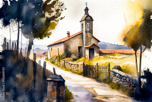 Way of St James , Camino de Santiago, Spain, watercolor landscape