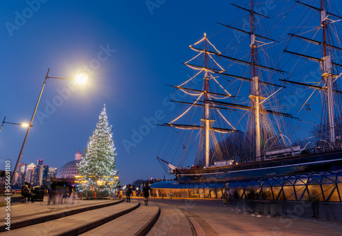 The famous Cutty Sark ship illuminated in Christmas lights, in Greenwich peninsula, London