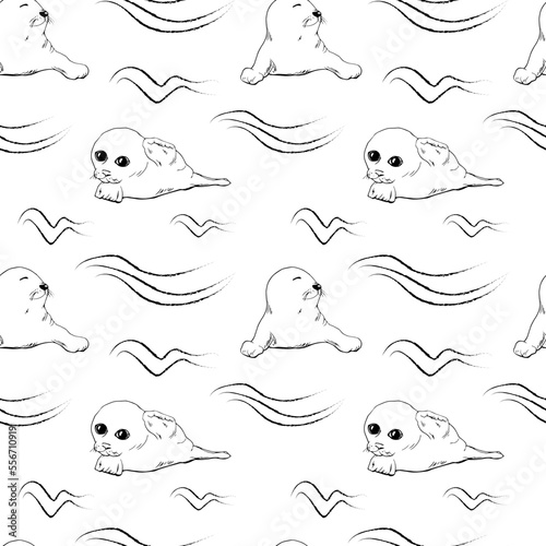 A painted seal. Vector seamless pattern. Sea creatures. Seals set. Fabric cute baby print. Marine pattern.