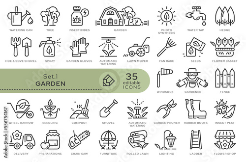 Set of conceptual icons. Vector icons in flat linear style for web sites, applications and other graphic resources. Set from the series - Garden. Editable outline icon. 