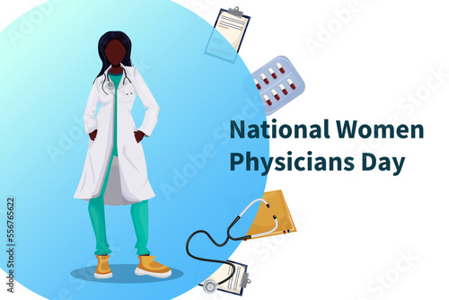 National Women Physicians Day concept illustration. Woman doctor in a dressing gown. Template for banner, advertisement, postcard. medical equipment. vector illustration. Strong woman.