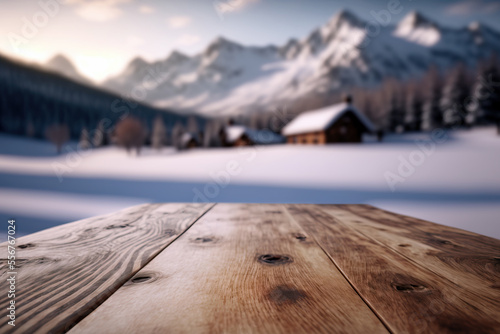 Empty wooden table on a blurry background of snowy landscape