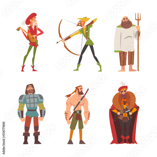 Medieval historical characters set. Minstrel, peasant, archer, king, knight, warrior cartoon vector illustration