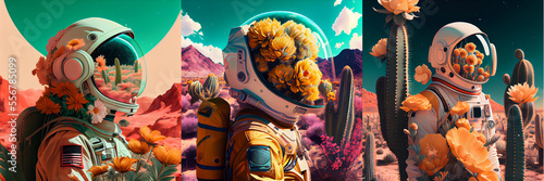 Surreal illustration of spaceman with flowers