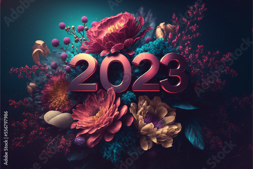 a beautiful 3d 2023 new year design with flowers