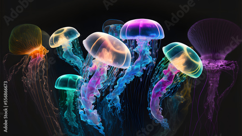 glowing sea jellyfishes on dark background, neural network generated art