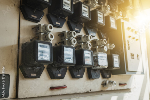 Panels or the number of rows of Watthour meter or electric meter on the old apartment building on each floor.