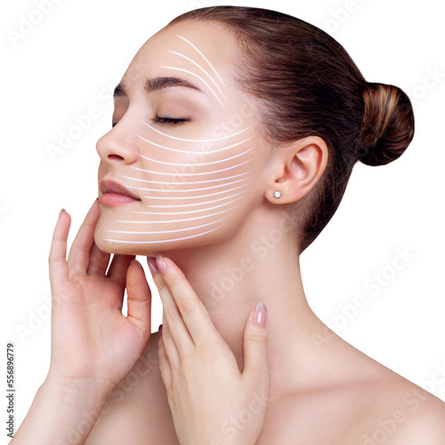 Graphic lines shows facial lifting effect on skin of beautiful woman.