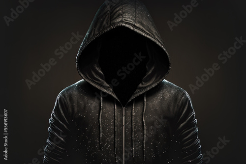 Black hoodie worn by a hacker in the hood is empty. Generative AI