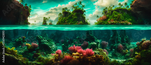 A breathtaking painting of a paradise on earth, depicting a lush, tropical island teeming with vibrant coral reefs. Generative AI