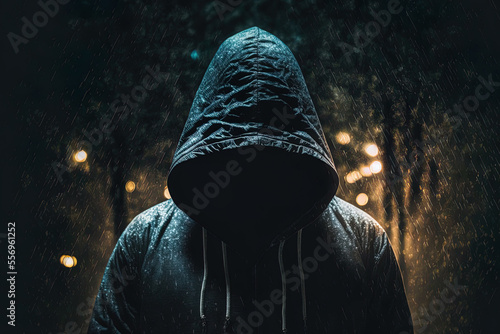 a hooded figure in the night hiding their identity. Generative AI