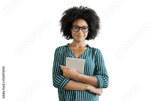 Woman with glasses tablet in hand office employee, isolated transparent background.