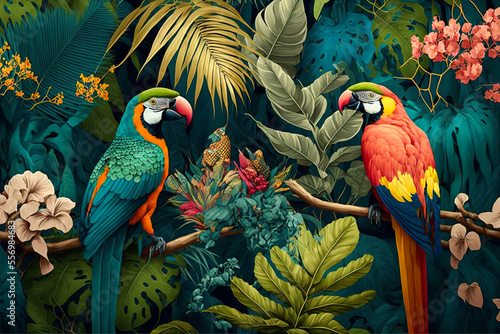 Illustration of a tropical rainforest with parrots. Generative AI.