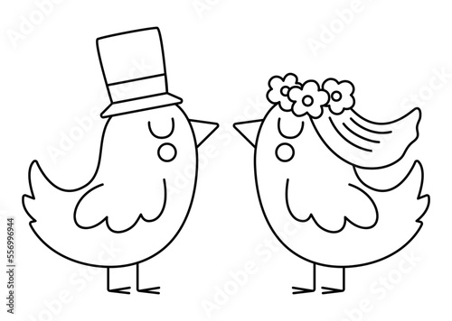 Vector black and white bride and groom birds in veil with flowers and hat. Cute wedding line animals. Funny marriage clipart element. Just married kissing couple. Cartoon ceremony coloring page.