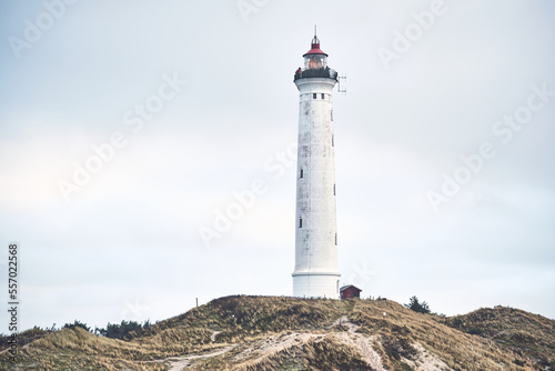Lighthouse Lyngvig Fyr at danish west coast in winter. High quality photo