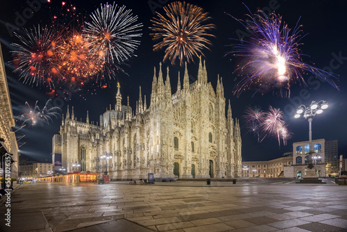 Milan, Italy - April 2022, 09: fireworks on Piazza del Duomo di Milano in perfect new year style. No people are visible.