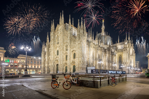 Milan, Italy - April 2022, 09: fireworks on Piazza del Duomo di Milano in perfect new year style. No people are visible.