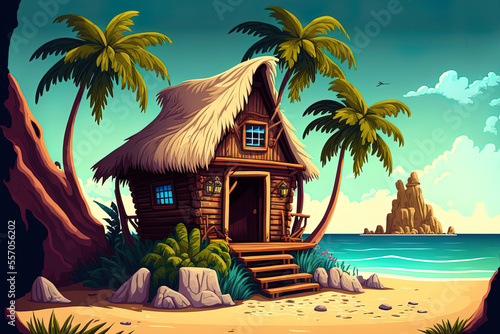 A beachside cottage or beach hut. hut, wooden house on heaps, palm palms, and rocks make up an island resort. Cartoon seaside scenery, 2d background, and thatched roofed cottage a based image