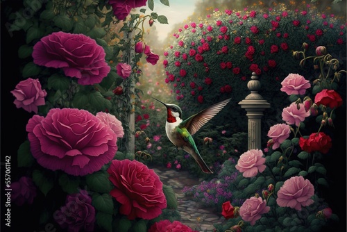  a painting of a hummingbird flying over a garden of flowers and roses with a lamp post in the background. Generative AI