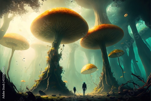  a man standing in a forest with lots of mushrooms on the ground and trees in the background. Generative AI