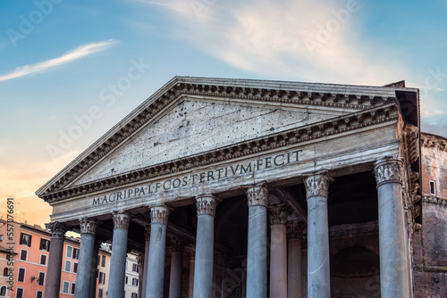 Pantheon, Historic Catholic church in Rome, Italy. Colorful Sunset Sky Art Render.