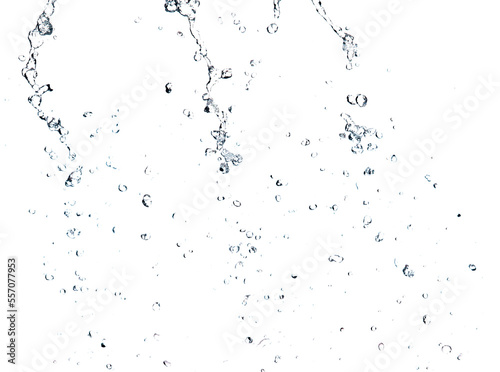 Shape form droplet of Water splashes into drop water line tube attack fluttering in air and stop motion freeze shot. Splash Water for texture graphic resource elements, White background isolated