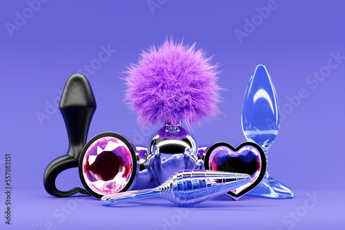 3D illustration, a collection of different types colorful of sex toys, including dildo and butt anal plugs on purple background.