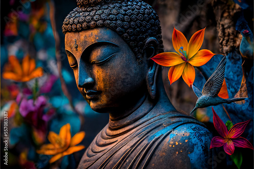 buddha statue with colourful flowers