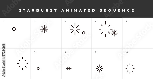 Starburst animated sequence. 10 image series to create animated gif. Fireworks. Sparkle. Graphic element for animation.