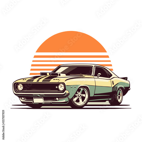 classic custom muscle car racing in retro style vector illustration, for log icon badge