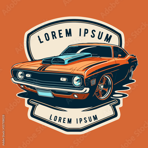 classic custom muscle car racing in retro style vector illustration, for log icon badge